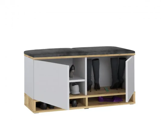 Szafka na buty kansas biały-craft siedzisko szare drzwiczki otwierane