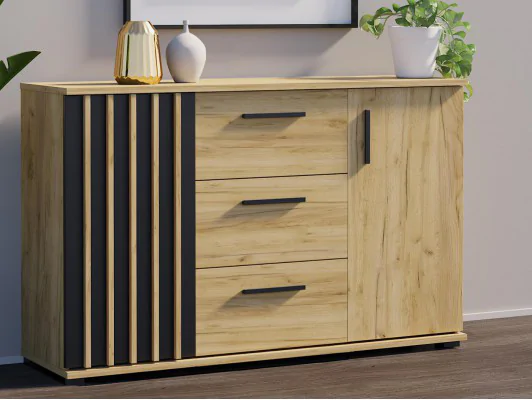 Zobacz Komoda czarna - dąb craft z szufladami drzwiami MONTANA 140 2D3SZ Komoda czarna - dąb craft z szufladami drzwiami MONTANA 140 2D3SZ