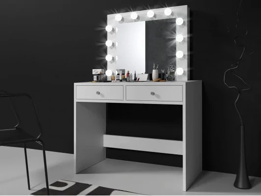 Toaletka kosmetyczna do sypialni z lustrem i oświetleniem Mega 12 LED biała, sonoma