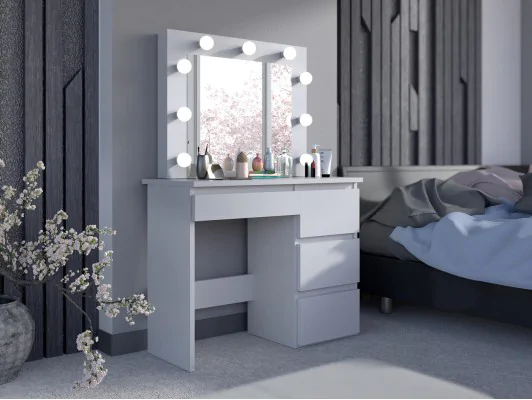Toaletka kosmetyczna Beta 9 led pojemna szuflady lustro dąb craft, biała