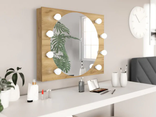 Lustro stelaż toaletka kosmetyczna wieszane stojące 8 żarówek LED dąb craft