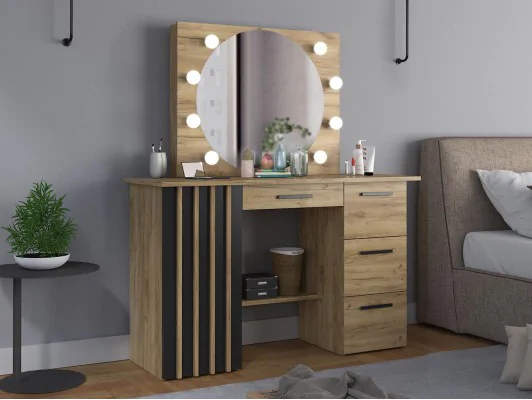 Toaletka z okrągłym lustrem LED loft lamele Montana 8 Led dąb craft czarny