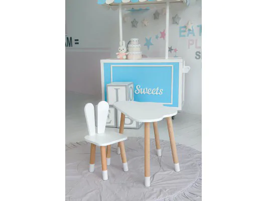 Zobacz Biały stolik Króliś dziecięcy w kształcie chmurki z krzesełkiem z uszami zajączka Biały stolik Króliś dziecięcy w kształcie chmurki z krzesełkiem z uszami zajączka