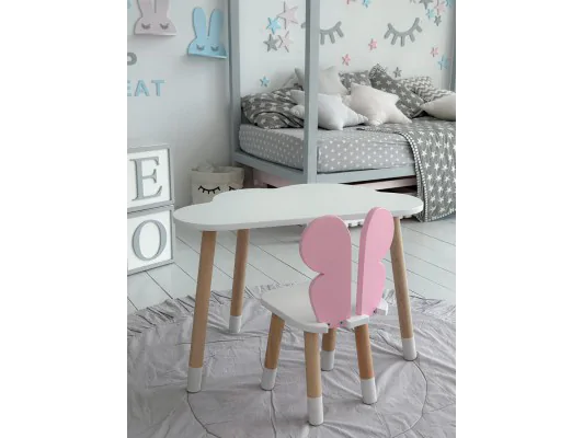 Zobacz Biało różowy zestaw Motylek ze stoliczkiem chmurką i krzesełkiem Biało różowy zestaw Motylek ze stoliczkiem chmurką i krzesełkiem