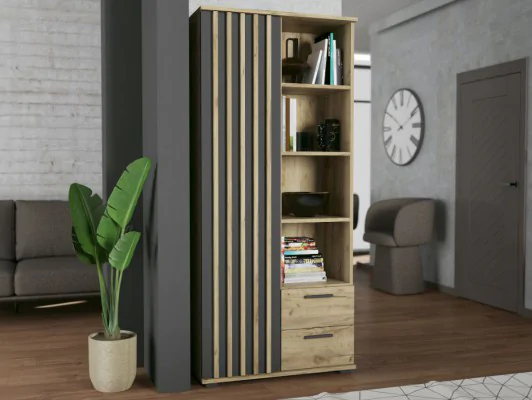 Nowoczesny regał LOFT MONTANA z drzwiami, szufladami i lamelami – funkcjonalny mebel do biura lub salonu – dąb craft + czarny