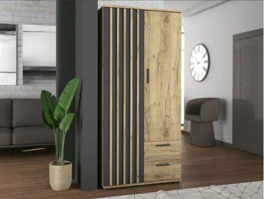 Zobacz Dwudrzwiowa szafa MONTANA LOFT – z lamelami, półkami, drążkiem i 2 szufladami dąb craft + czarny Dwudrzwiowa szafa MONTANA LOFT – z lamelami, półkami, drążkiem i 2 szufladami dąb craft + czarny