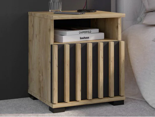 Zobacz Szafka nocna MONTANA SN40 – nowoczesny design z lamelami, z szufladą i półką  dąb craft + czarny Szafka nocna MONTANA SN40 – nowoczesny design z lamelami, z szufladą i półką  dąb craft + czarny