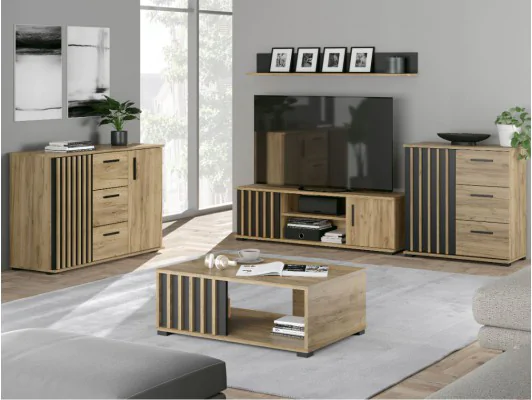 Meble do salonu MONTANA z lamelami – praktyczny zestaw: szafka RTV, ława, półka i komody, dąb craft + czarny