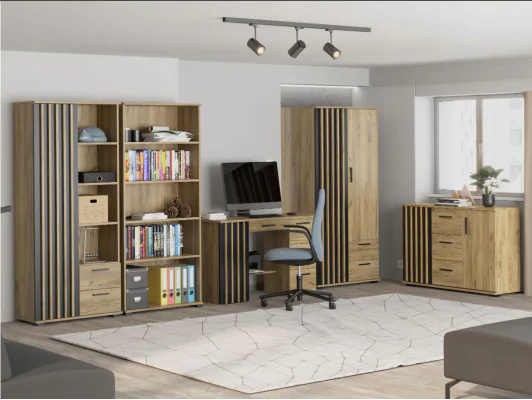 Nowoczesny zestaw mebli młodzieżowych MONTANA – biurko, komoda, regały, szafa z dekoracyjnymi lamelami dąb craft+ czarny