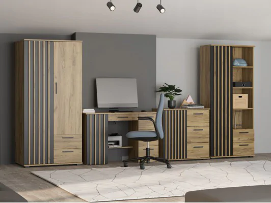 Zestaw mebli młodzieżowych MONTANA z lamelami – funkcjonalne biurko, pojemna komoda, regał i szafa dąb craft+ czarny