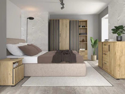 Nowoczesny zestaw do sypialni MONTANA z lamelami – dwie szafki nocne, komoda, regał i szafa dąb craft+ czarny