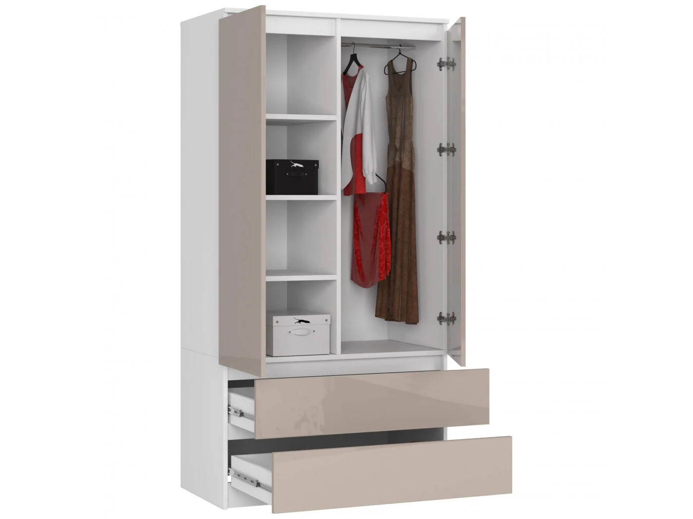 Szafa S 90 cm 2 drzwi 2 szuflady - biała-cappuccino połysk Szafa S 90 cm 2 drzwi 2 szuflady - biała-cappuccino połysk