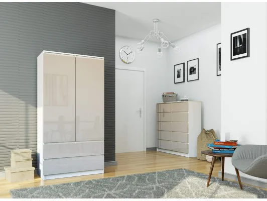 Szafa S 90 cm 2 drzwi 2 szuflady - biała-cappuccino połysk