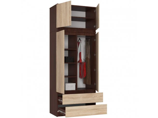 SZAFA Z NADSTAWKĄ S 90 cm 2 DRZWI 2 SZUFLADY PK WENGE / SONOMA