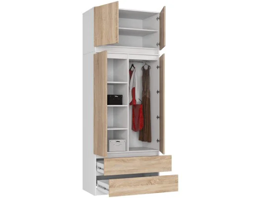 SZAFA Z NADSTAWKĄ S 90 cm 2 DRZWI 2 SZUFLADY PK BIAŁY / SONOMA