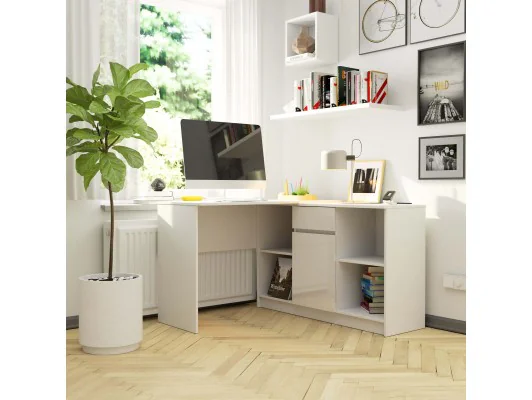 BIURKO NAROŻNE - ZESTAW B-17 KOMODA I BIURKO BIAŁY POŁYSK