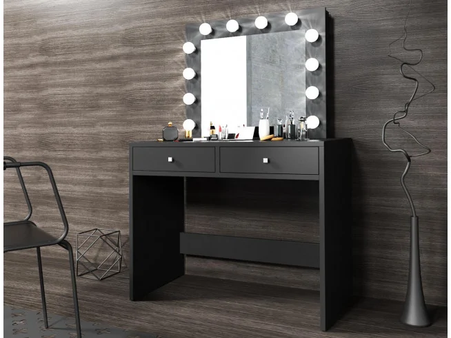 Toaletka kosmetyczna do sypialni z lustrem i oświetleniem Mega 12 LED biała, czarna, sonoma