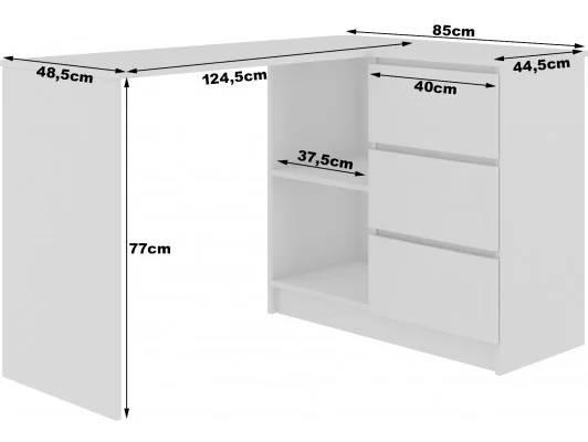 BIURKO NAROŻNE B16 124 cm PRAWE 3 SZUFLADY PK BIAŁE / CZARNY POŁYSK