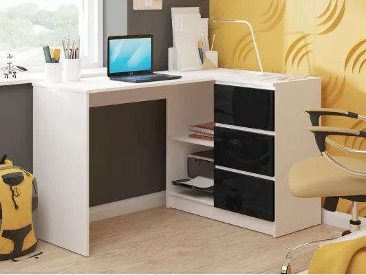 BIURKO NAROŻNE B16 124 cm PRAWE 3 SZUFLADY PK BIAŁE / CZARNY POŁYSK