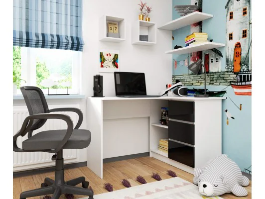 BIURKO NAROŻNE B16 124 cm PRAWE 3 SZUFLADY PK BIAŁE / CZARNY POŁYSK