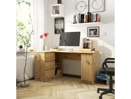 Biurko narożne B20 155 cm lewe - dąb artisan - 3 szuflady