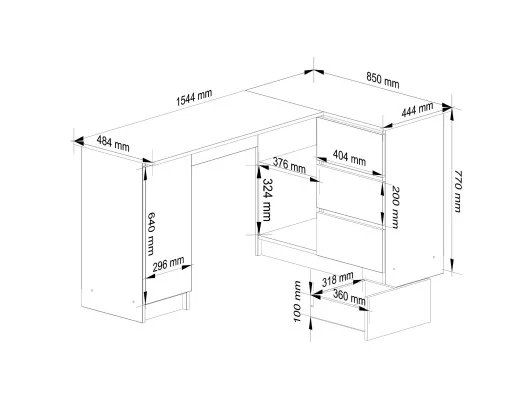 Biurko narożne B20 155 cm prawe - dąb artisan-białe - 3 szuflady