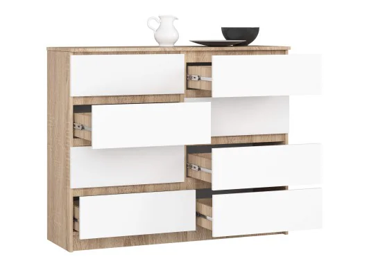 KOMODA K 120 cm 8 SZUFLAD PK SONOMA / BIAŁA