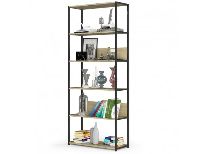 Regał loftowy metalowy 80 cm - czarny-dąb artisan - 6 półek