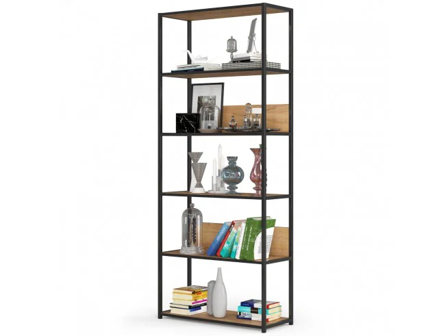 Regał loftowy metalowy 80 cm - czarny-dąb craft - 6 półek