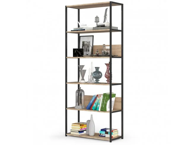 Regał loftowy metalowy 80 cm - czarny-dąb sonoma - 6 półek