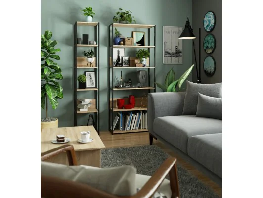 Regał loftowy metalowy 80 cm - czarny-dąb sonoma - 6 półek