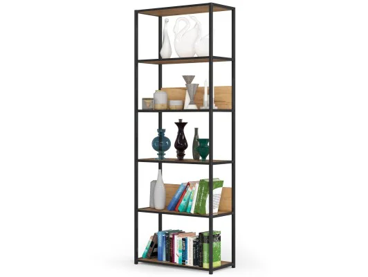 Regał loftowy metalowy 70 cm - czarny-dąb craft - 6 półek