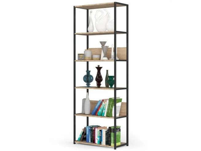Regał loftowy metalowy 70 cm - czarny-dąb sonoma - 6 półek
