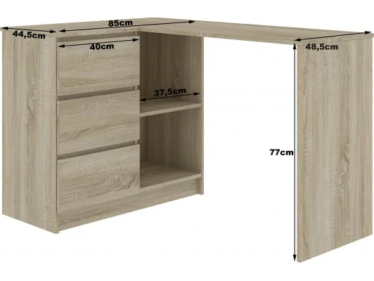 BIURKO NAROŻNE B16 124 cm LEWE 3 SZUFLADY DĄB SONOMA / BIAŁE