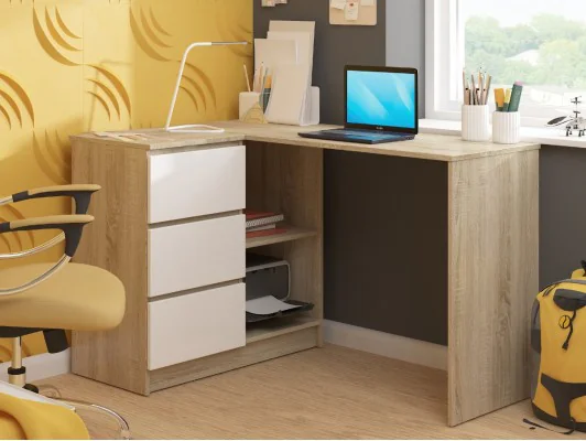 BIURKO NAROŻNE B16 124 cm LEWE 3 SZUFLADY DĄB SONOMA / BIAŁE