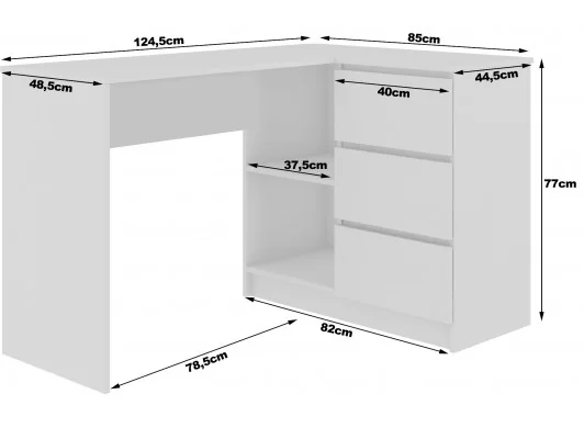 BIURKO NAROŻNE B16 124 cm PRAWE 3 SZUFLADY PK BIAŁE / SONOMA