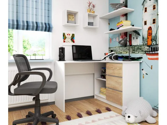 BIURKO NAROŻNE B16 124 cm PRAWE 3 SZUFLADY PK BIAŁE / SONOMA