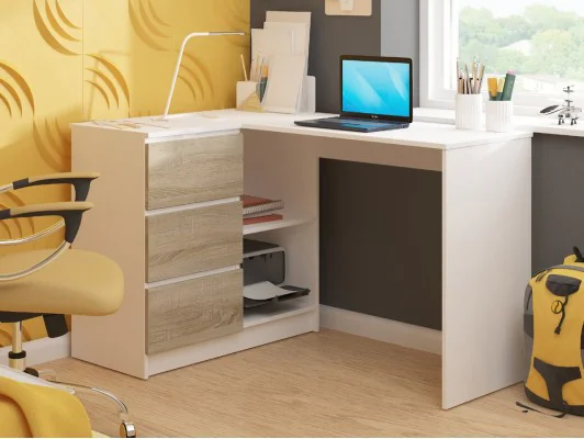 BIURKO NAROŻNE B16 124 cm LEWE 3 SZUFLADY BIAŁE / SONOMA