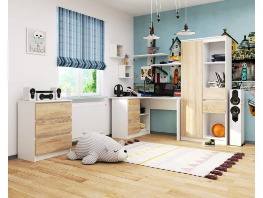 BIURKO NAROŻNE B16 124 cm LEWE 3 SZUFLADY BIAŁE / SONOMA