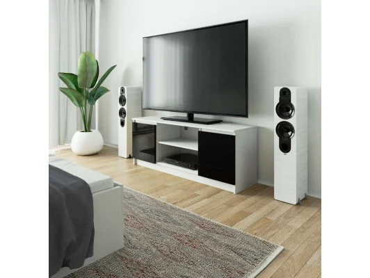 SZAFKA RTV 140 cm 2D 1P BIAŁA / CZARNY POŁYSK