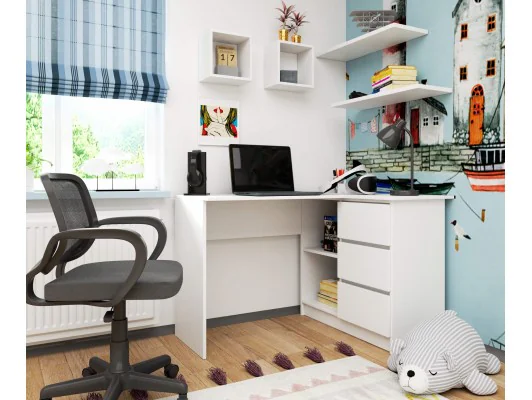 BIURKO NAROŻNE B16 124 cm PRAWE 3 SZUFLADY PK BIAŁE