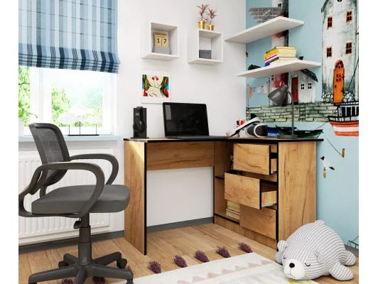 BIURKO NAROŻNE B16 124 cm PRAWE 3 SZUFLADY DĄB CRAFT