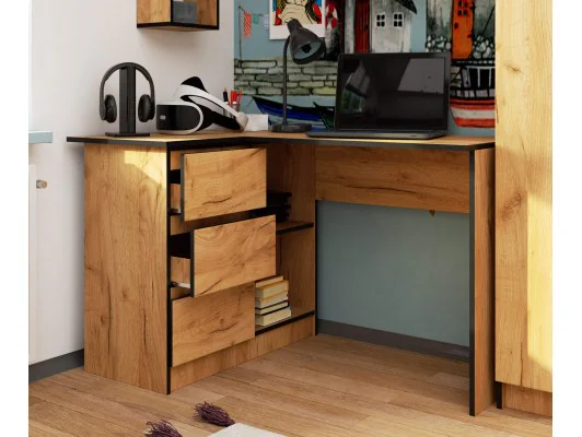 BIURKO NAROŻNE B16 124 cm LEWE 3 SZUFLADY PK DĄB CRAFT