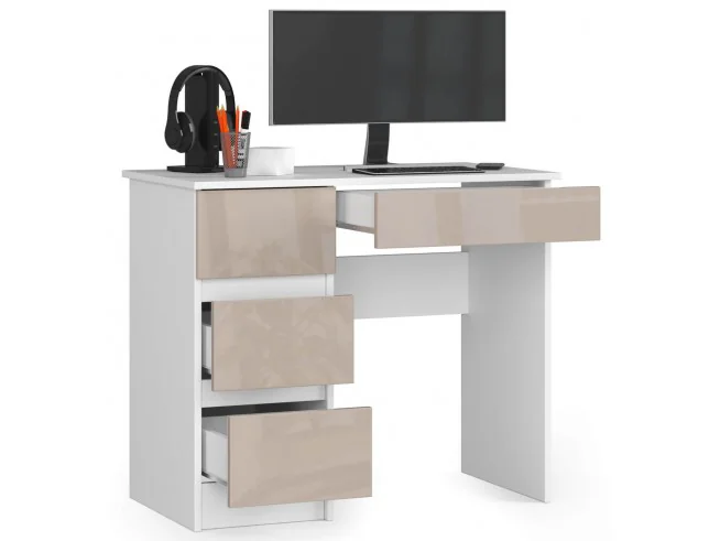 Biurko komputerowe A-7 90 cm lewe - białe-cappuccino połysk