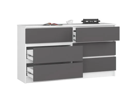 Komoda K 140 cm 6 szuflad PK biała-grafit szary