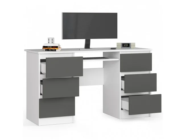 Biurko komputerowe A-11 135 cm 6 szuflad - białe-grafit szary
