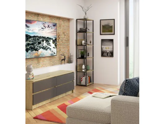 Regał loftowy metalowy 50 cm - czarny-dąb artisan - 6 półek