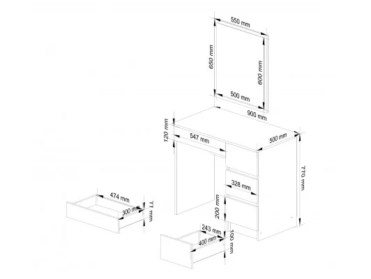 TOALETKA KOSMETYCZNA Z LUSTREM T-6/SL 500x600 PRAWA BIAŁA
