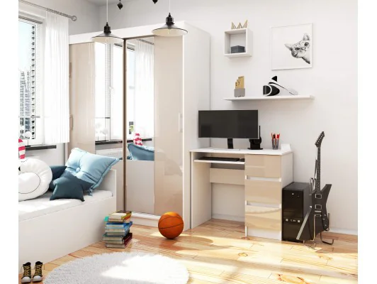 Biurko komputerowe A-6 90 cm prawe - białe-cappuccino połysk - 3 szuflady