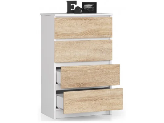 Zobacz KOMODA K 60 cm 4 SZUFLADY BIAŁA / SONOMA KOMODA K 60 cm 4 SZUFLADY BIAŁA / SONOMA